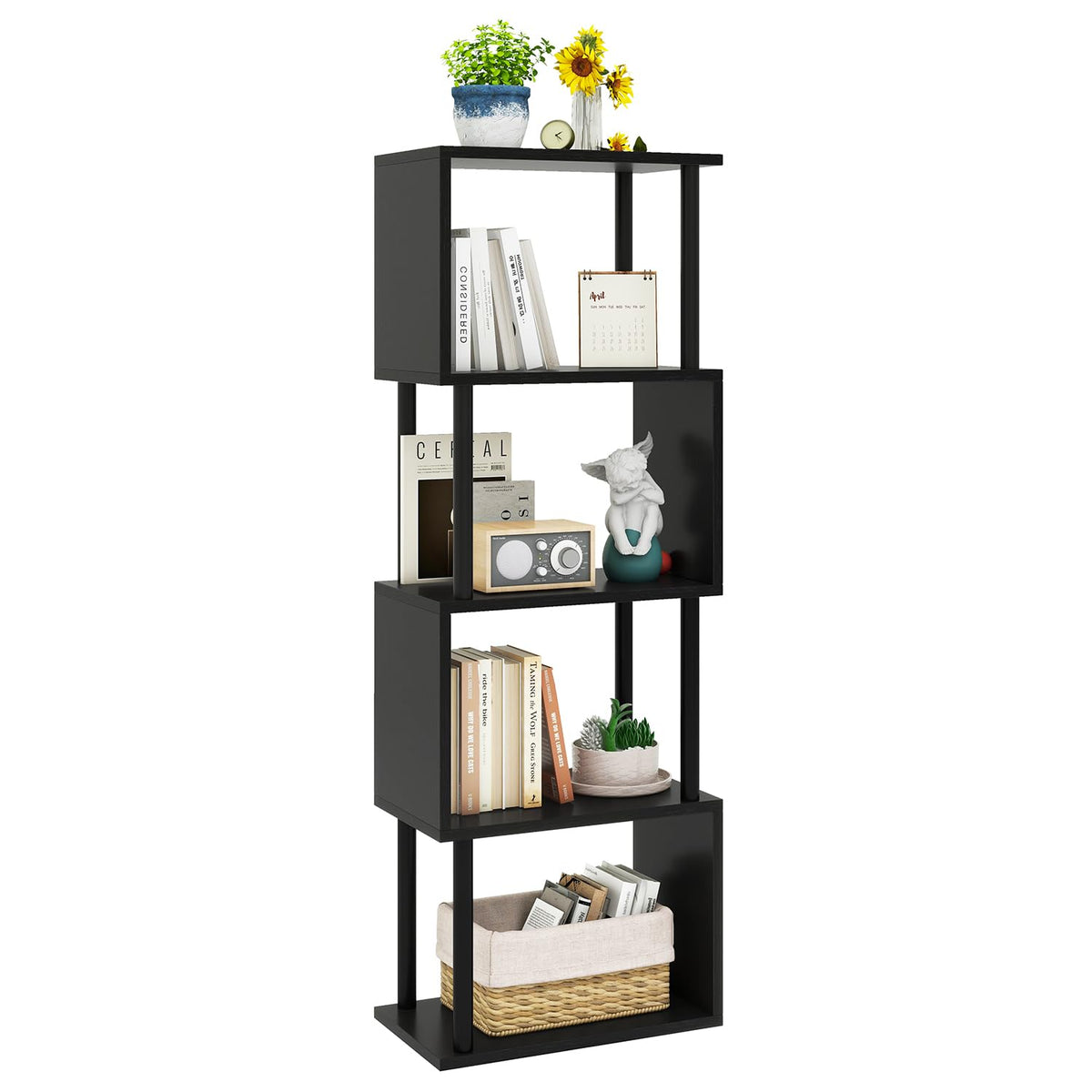 IBUYKE 5-Tier Tall Bookshelf,S-Shaped Geometric Bookcase,Black WBC015B