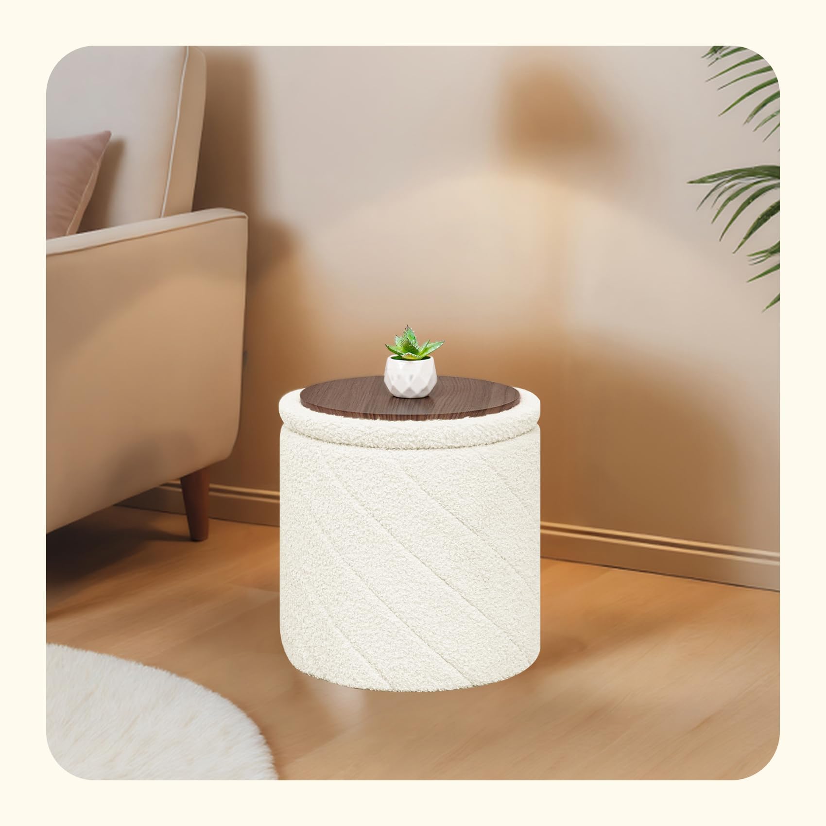 PINPLUS Round Ottoman Storage Box, Folding Stool, White, 33x33x35 cm