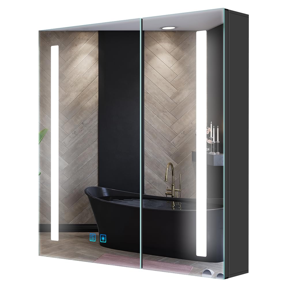 Quavikey® Black Bathroom Mirror Cabinet With Lights and Shaver Socket, Aluminum Wall Mounted Bathroom Cabinet with Mirror and Anti-fog