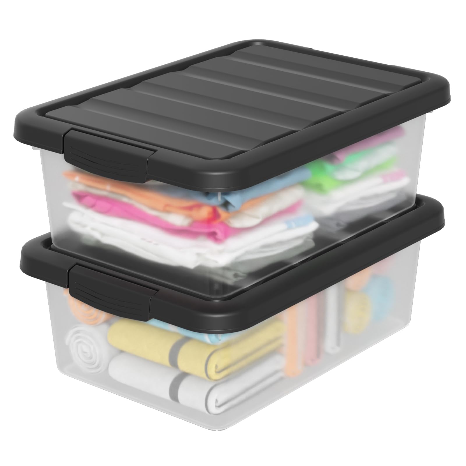Waikhomes 16 L 2 Pack Clear Latching Storage Boxes, Plastic Stackable Storage Bin with Black Lid