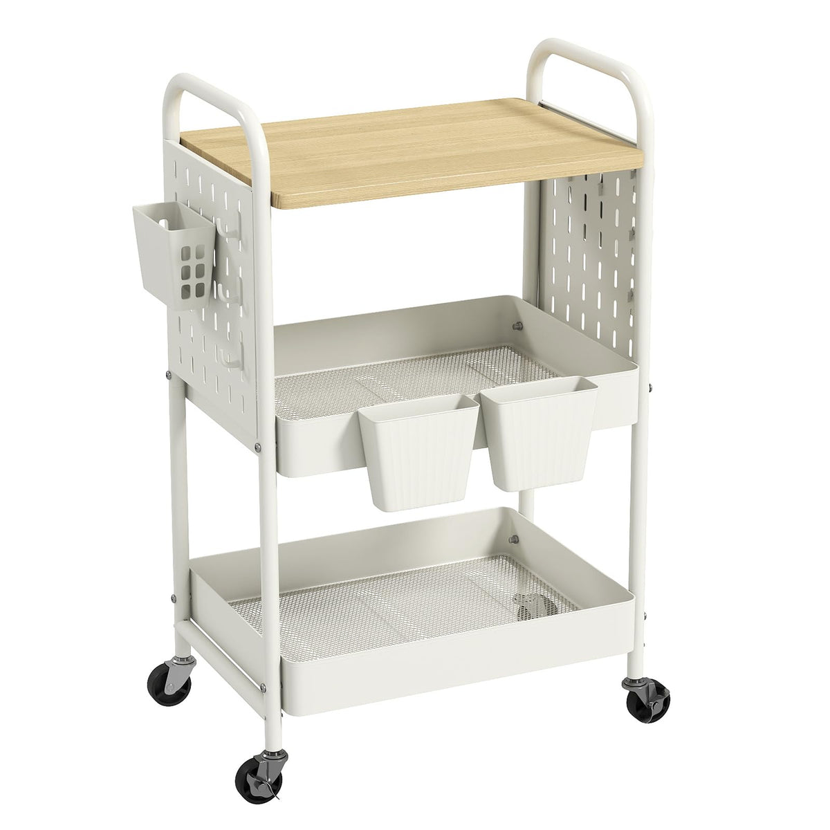 danpinera 3 Tier Rolling Cart, Metal Utility Cart with Wooden Table Top & DIY Pegboard, Rolling Carts