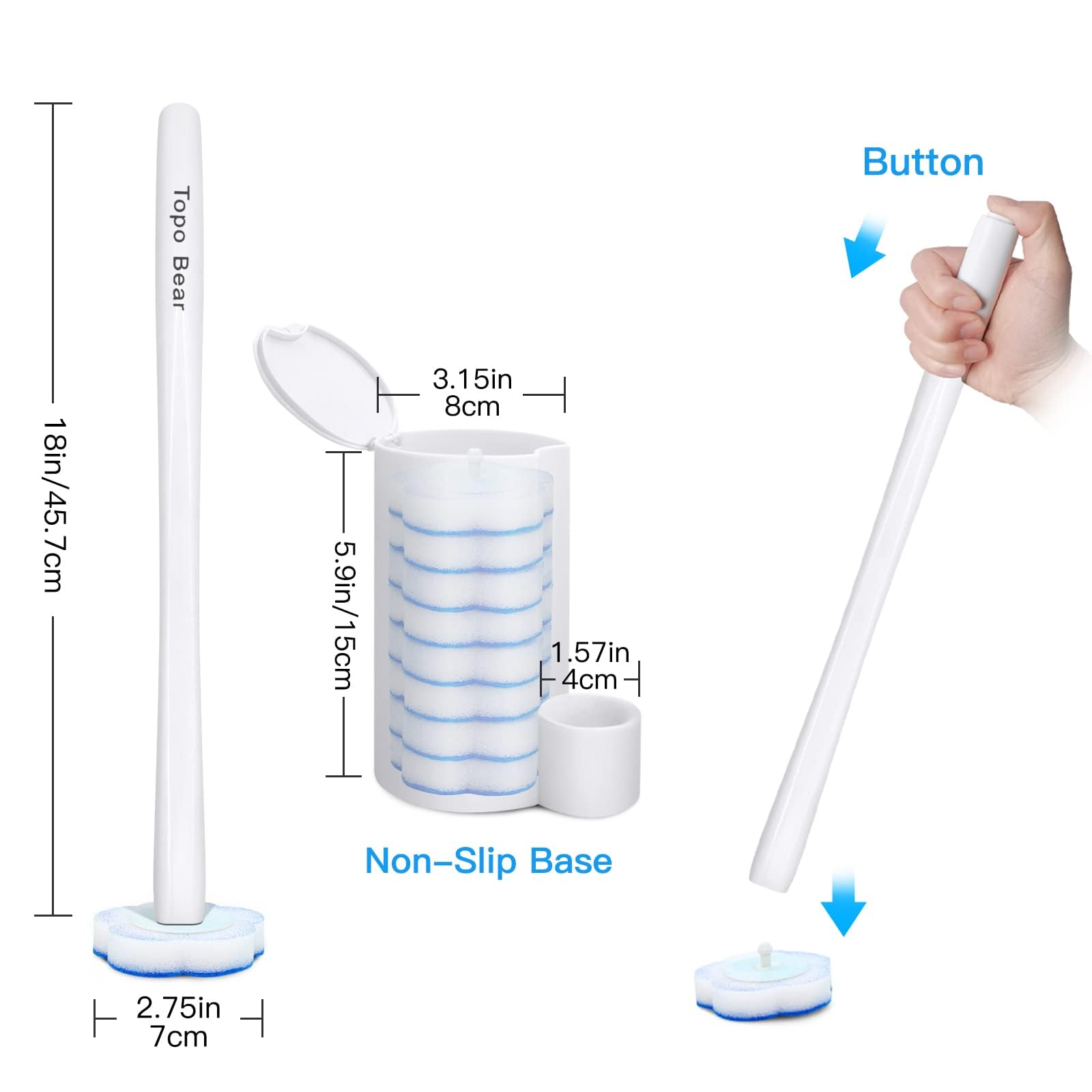 Topo Bear Disposable Toilet Brush Holder Set Toilet Wand (Pack of 2) Toilet Cleaner Scrubber with 24 Refills