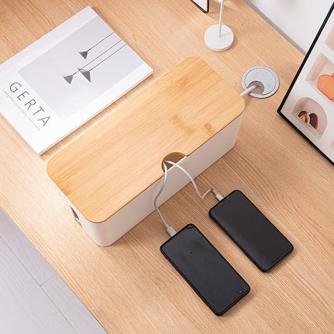Cable Box with Bamboo Lid, Cable Management Organiser, Storage Box for Hiding Cables, Organising, Computer Wiring, 32 x 13.5 x 12.5 cm, White