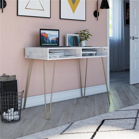 Novogratz Athena Desk with Storage White Marble Look