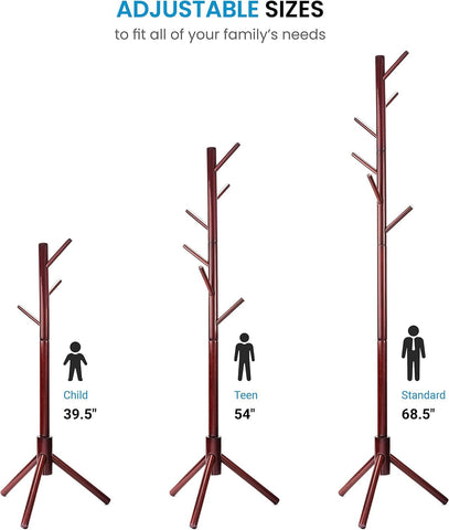 Ceciliec Coat Rack Free Standing - Wooden Coat Tree with 6 Hooks - Coats, Purses, Hats - Adjustable Sizes, Easy Assembly (Cherry)