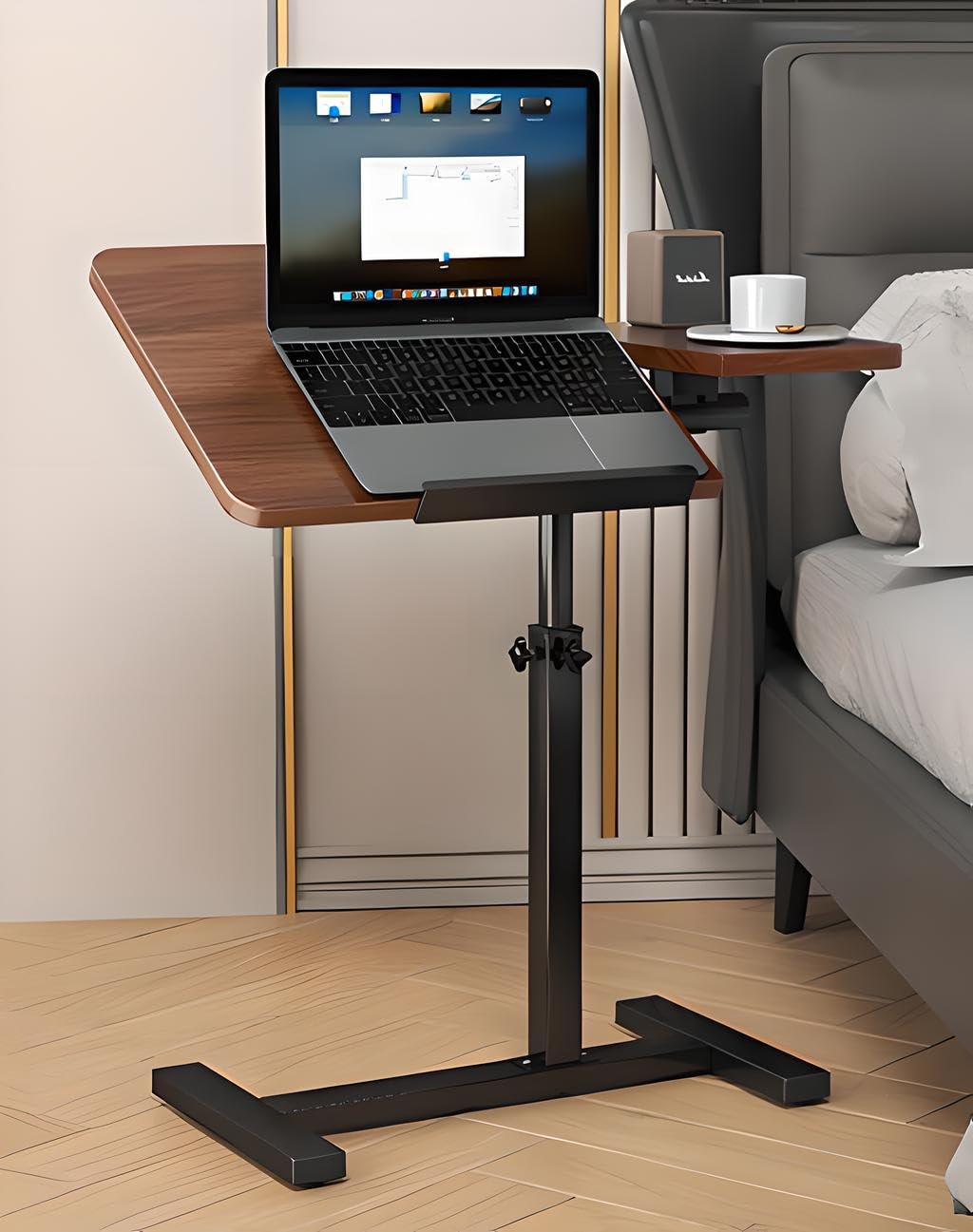 Kiss Me C Shaped Side Table Height Adjustable 360° Swivel TV Tray Walnut