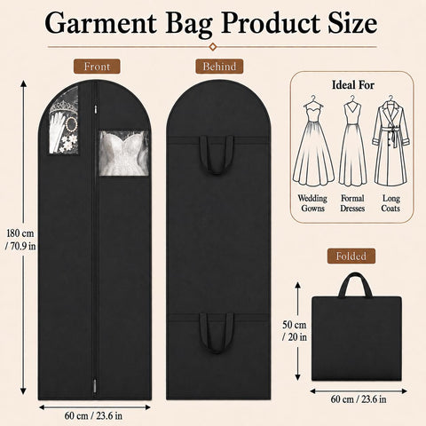 Sytinnice 2Pcs Long Dress Garment Bags, 60×180cm Folding Full Length Garment Cover Bag with Zipper, Pocket & Handle