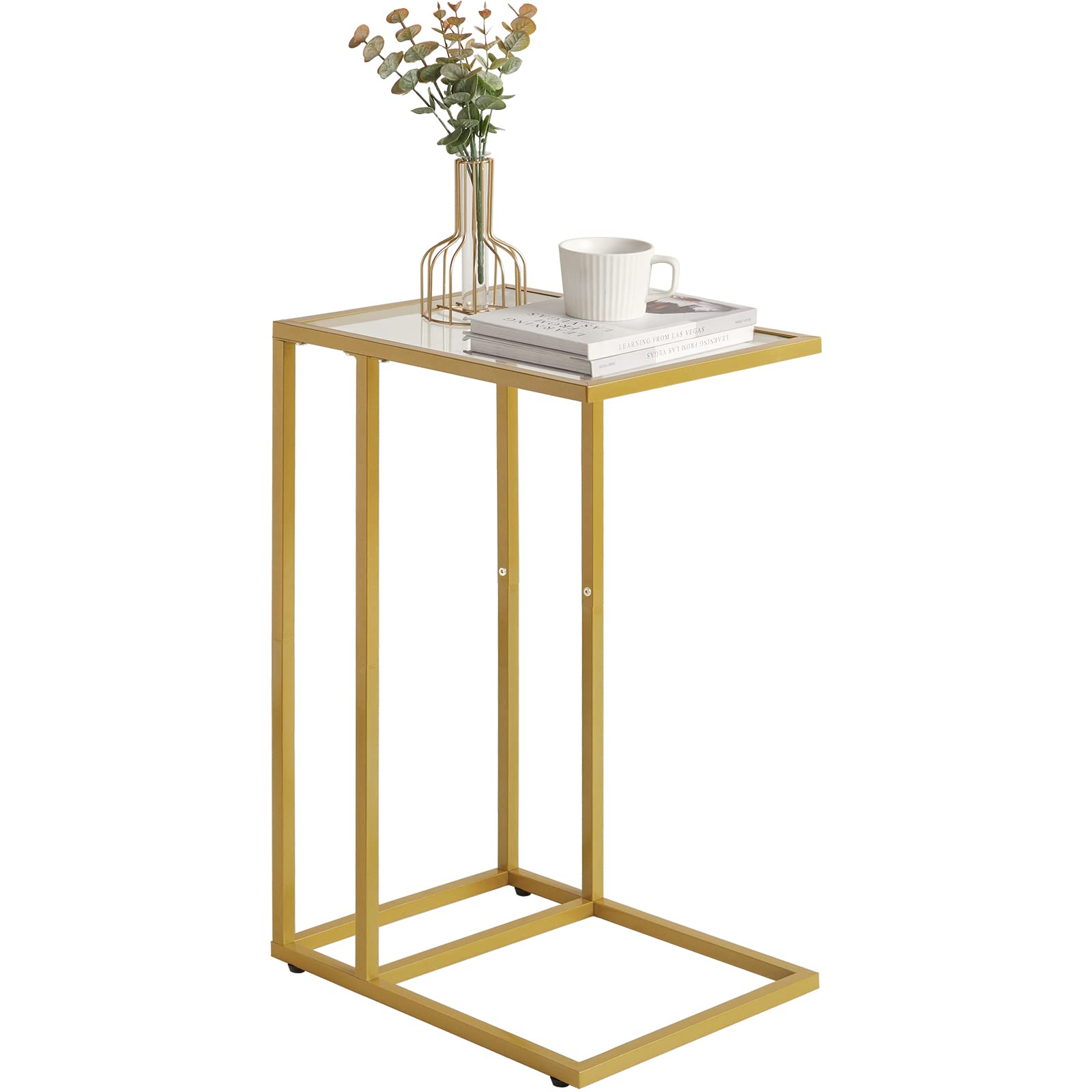 YMYNY C Shaped End Table, Tempered Glass Snack Side Table for Small Space with Metal Frame, Narrow Couch Table, for Living Room, Bedroom