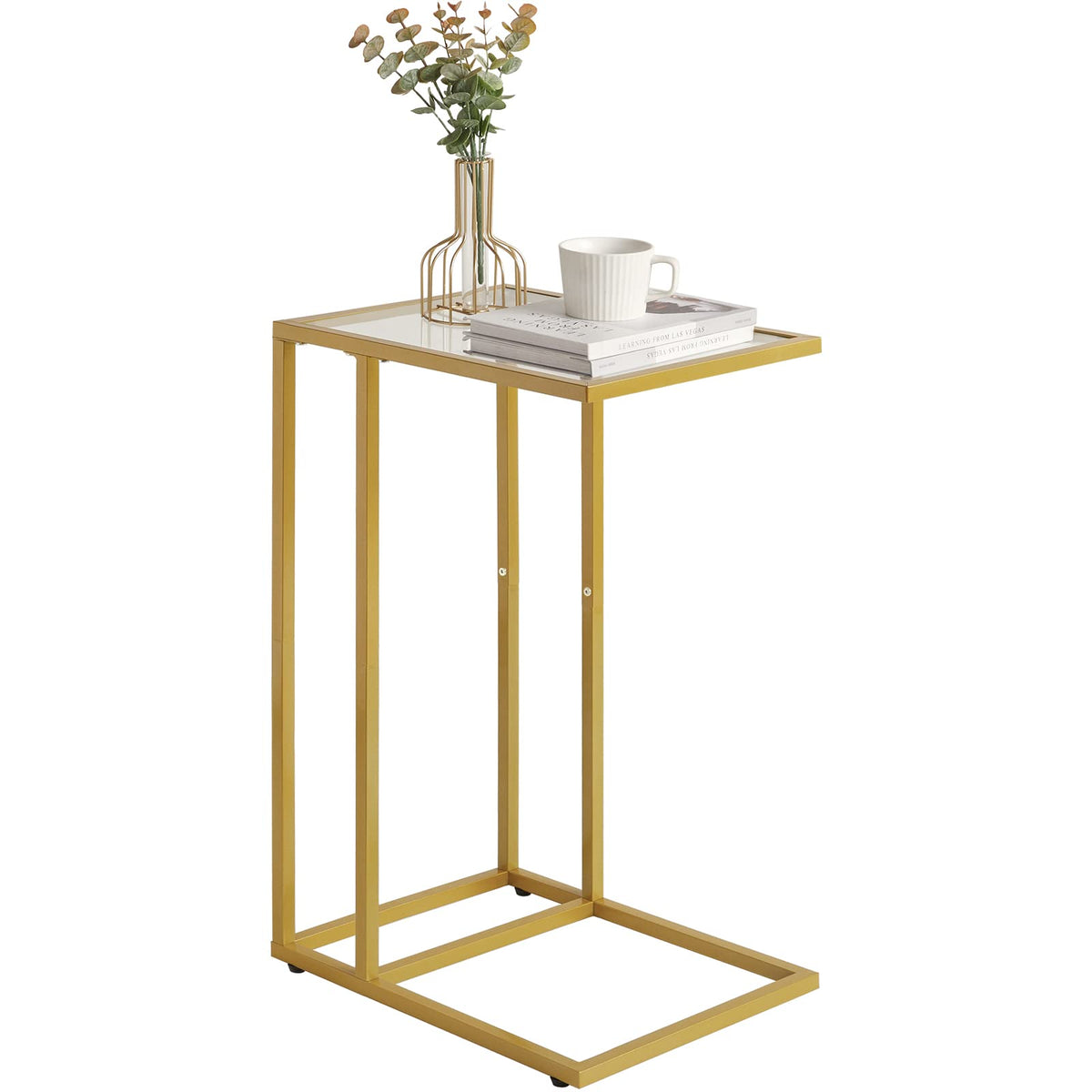 YMYNY C Shaped End Table, Tempered Glass Snack Side Table for Small Space with Metal Frame, Narrow Couch Table, for Living Room, Bedroom