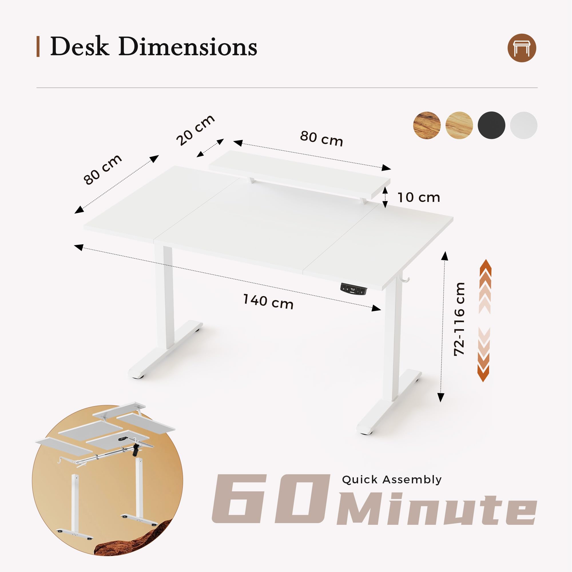 Klicelor Eletric Height Adjustable Desk, Movable Monitorstand, 140x80cm