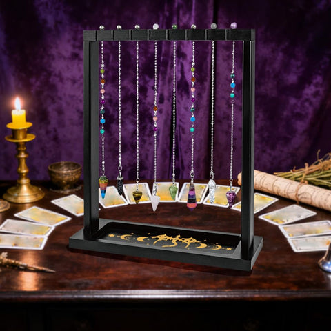 BEUNITONE Wooden Pendulum Crystal Display Holder, Witchcraft Supplies Organizer with Dragon Pattern Tray, Pendulum Board Stand for Witchy Accessories