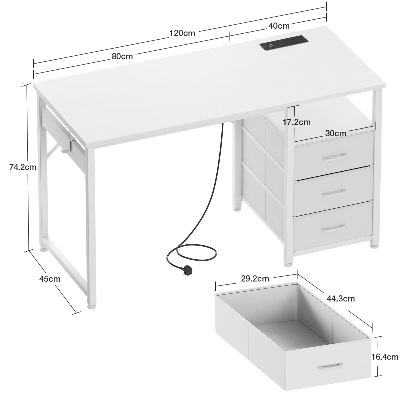 ODK Computer Desk with Drawers, 120cm Office Desk with Sockets, White
