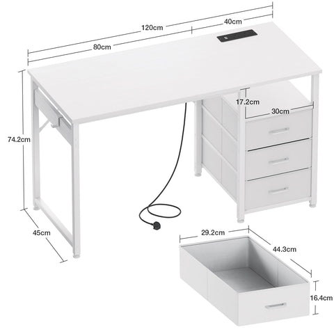 ODK Computer Desk with Drawers, 120cm Office Desk with Sockets, White