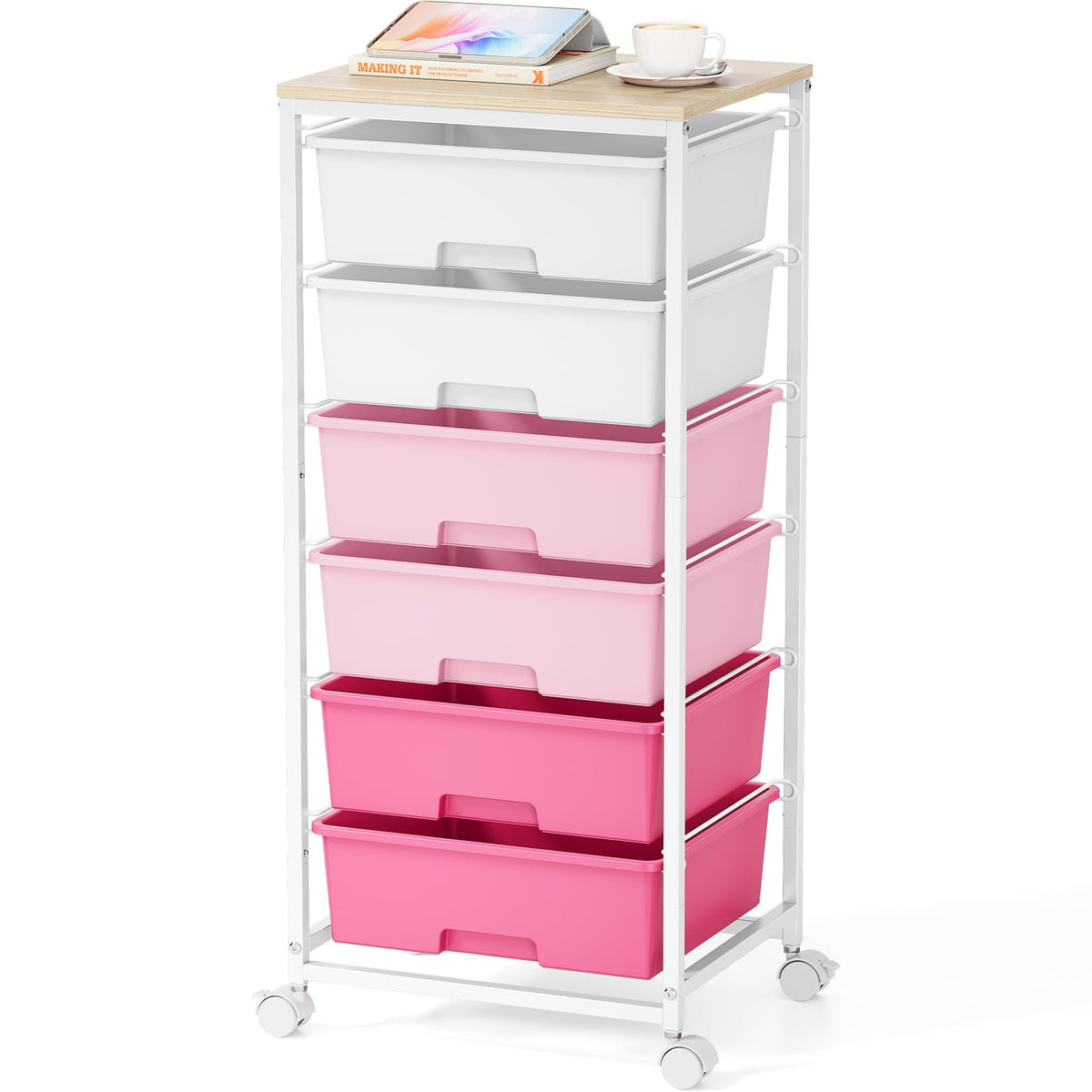 6-Drawer Craft Organizer Trolley Cart with Wooden Top, Pink
