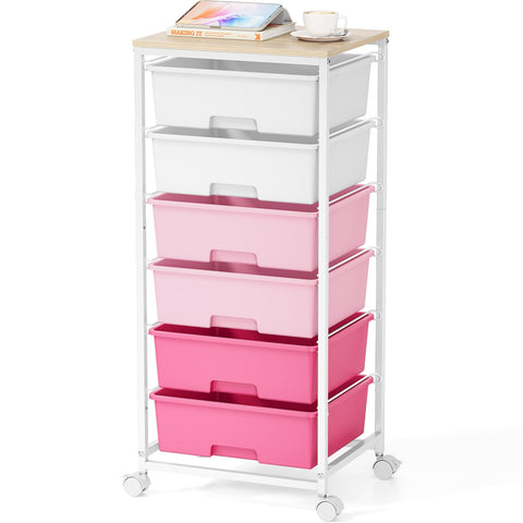 6-Drawer Craft Organizer Trolley Cart with Wooden Top, Pink