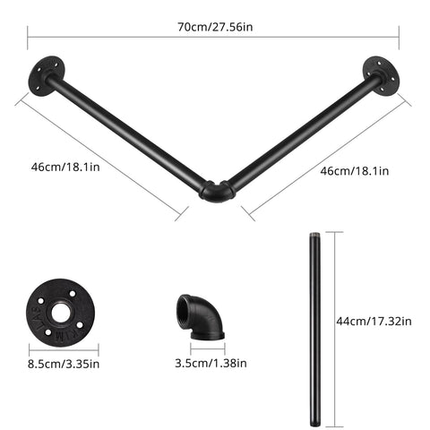 Tanice Industrial Tube Hanger Wall-mounted Right-angle 46cm, Detachable Retro Industrial Cylindrical Clothes Rail, Suitable For Bedroom, Living room