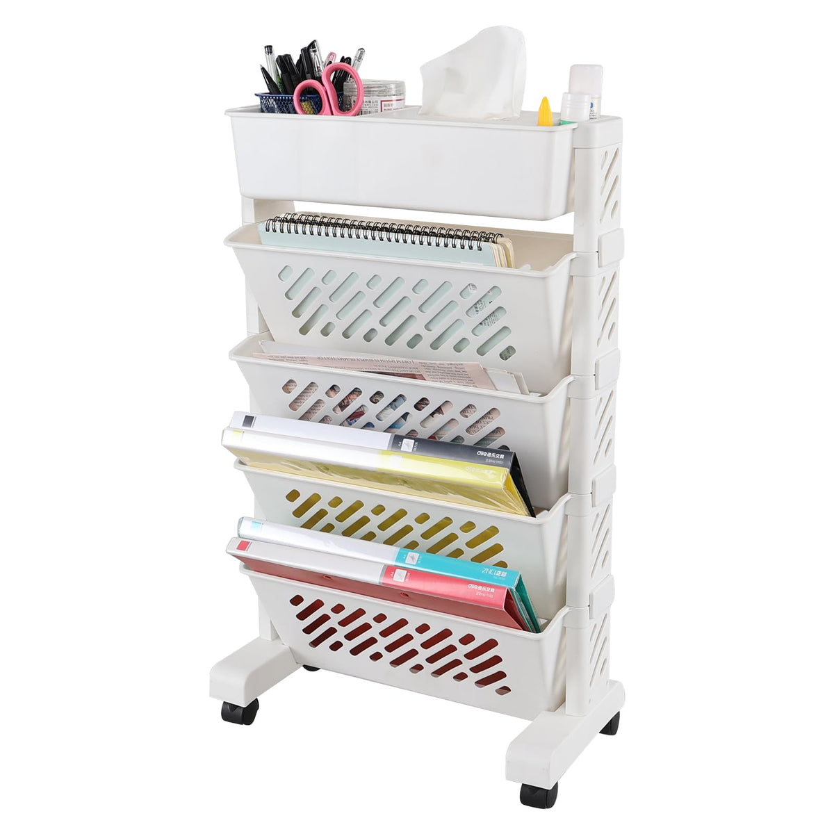 Aninhao Plastic Rolling Bookshelf, 5-Tier Small Movable Bookcase with Wheels, White