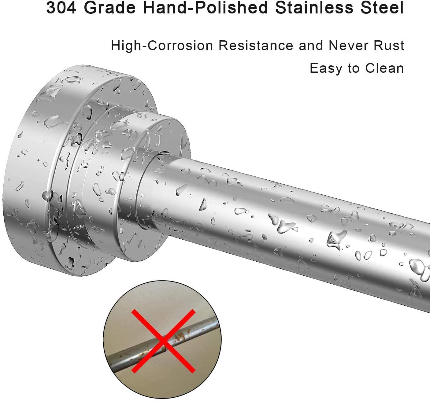 Shower Curtain Rod extendable(120-290cm), Non-Slip, Never Rust, Tension Curtain Rod, No Drilling,304 Stainless Steel