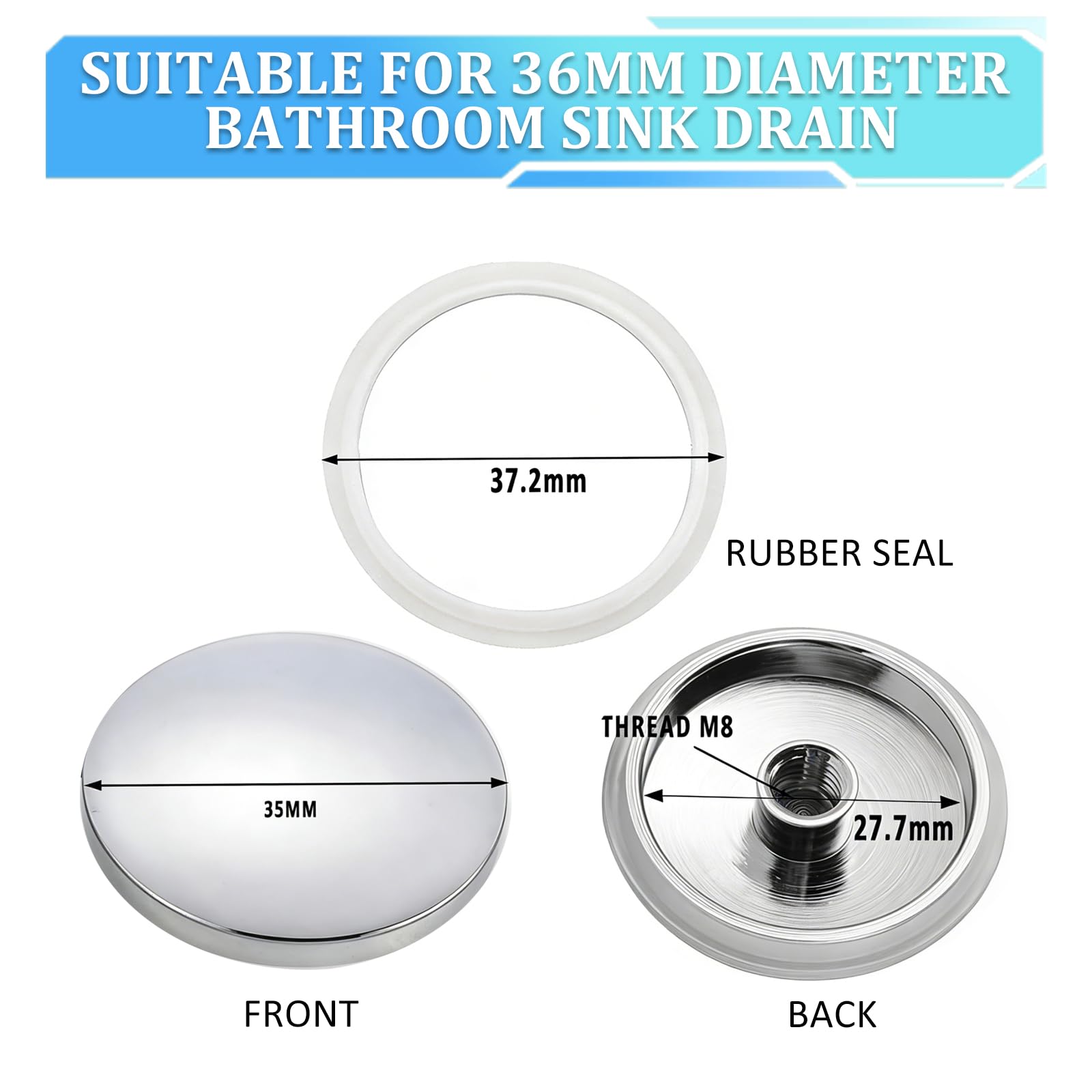 35mm Push Button Pop Up Sink Plug Replacement, Bathroom Sink Plug Click Clack Plug for 36mm Drain Hole with 37.2mm Washer