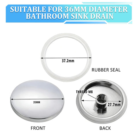 35mm Push Button Pop Up Sink Plug Replacement, Bathroom Sink Plug Click Clack Plug for 36mm Drain Hole with 37.2mm Washer
