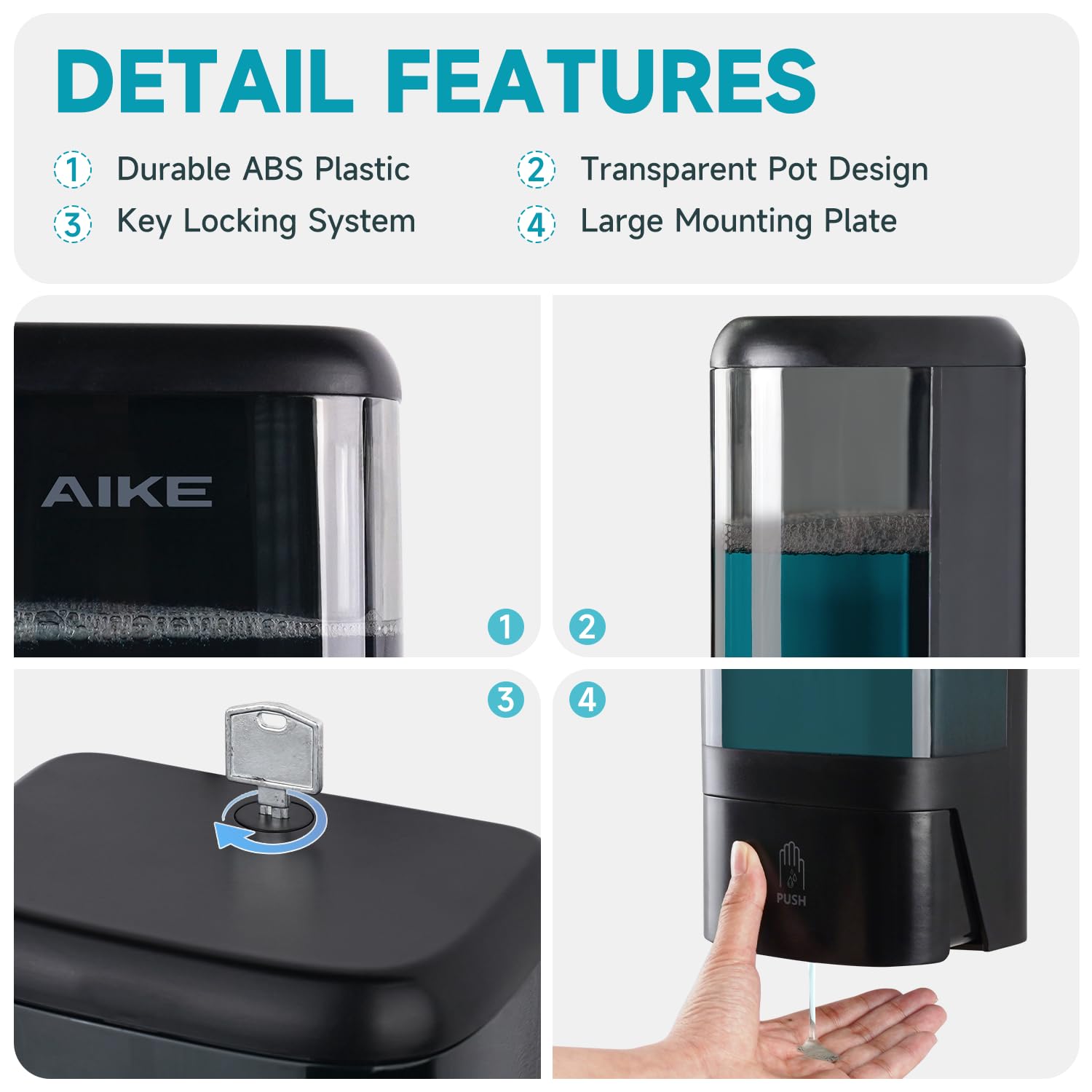 AIKE Soap Dispenser 1200ML Large Capacity, Wall Mount Manual Pump with Lock
