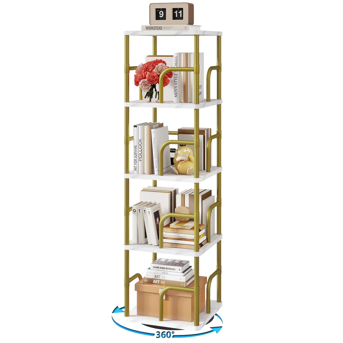 IBUYKE 5 Tier Rotating Bookshelf,Square Bookcases,White TBC004GW