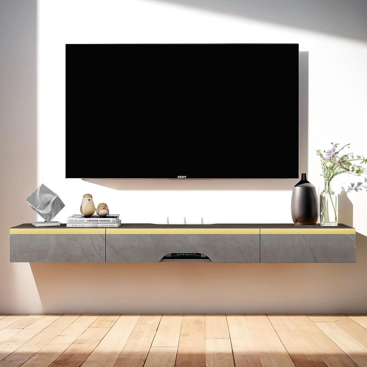 Pmnianhua Floating TV Unit, Wall Mounted TV Cabinet, Floating Shelves with 3 Doors