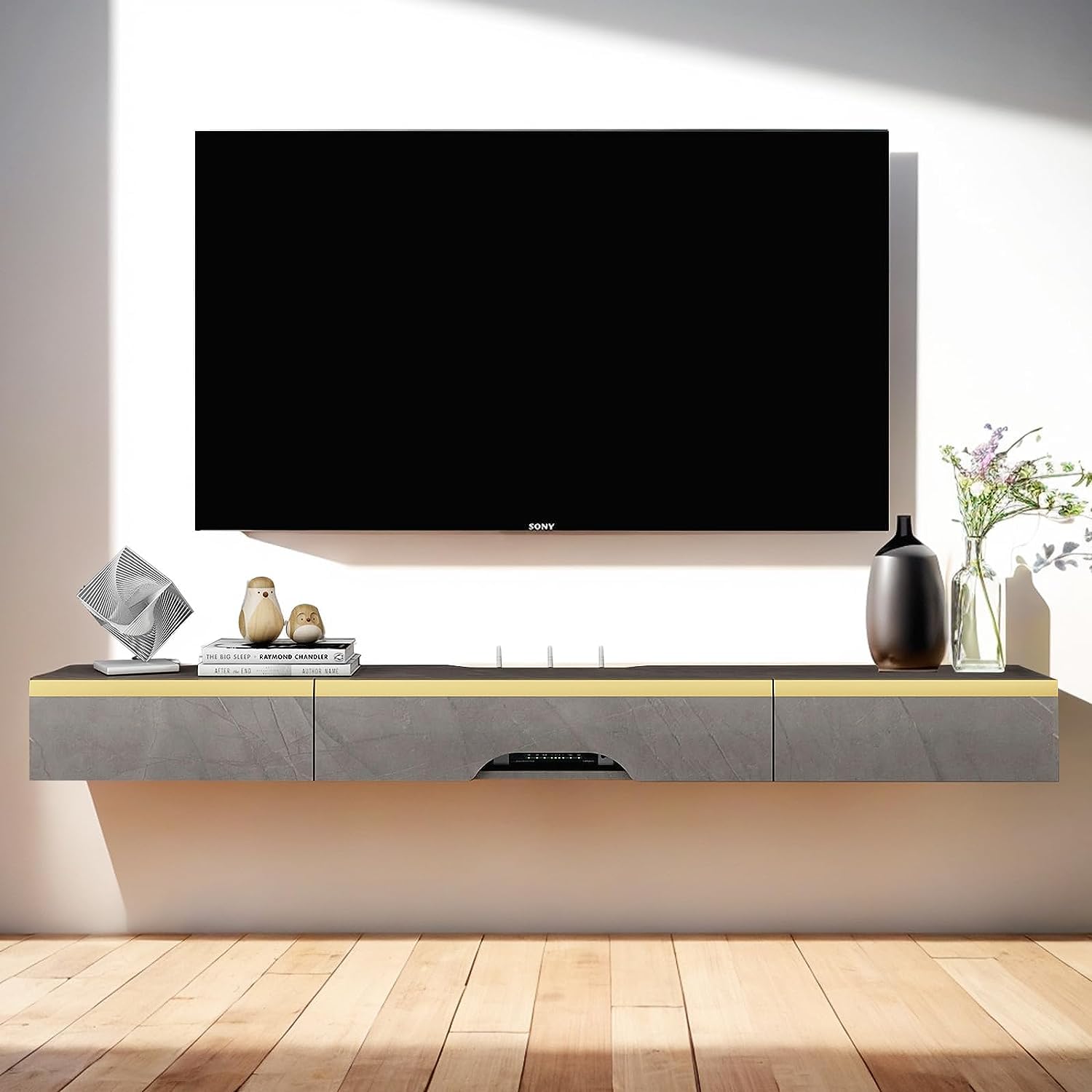 Pmnianhua Floating TV Stand, Wall Mounted TV Cabinet, Floating Shelves with 2 Drawers and 1 Door