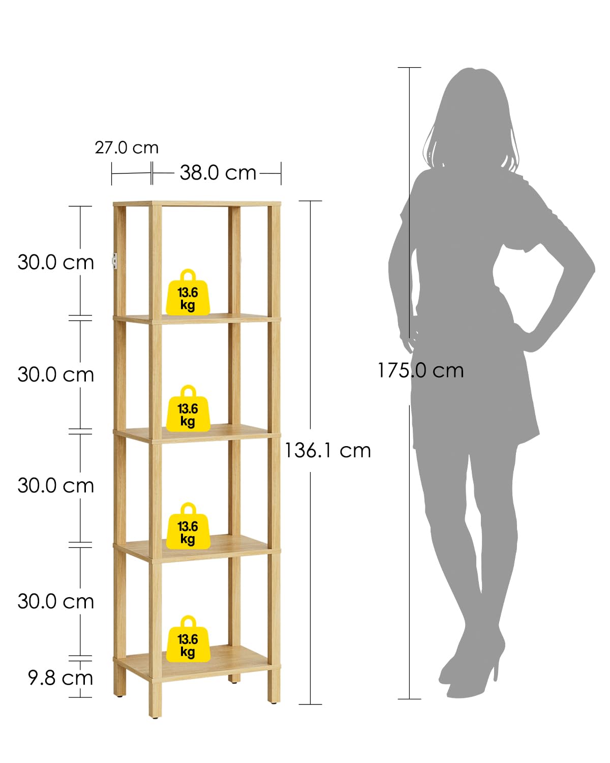 Apetaccat Book Shelf, 5 Tier Tall Bookshelf, Narrow Bookcase with Open Shelves, 38 x 27 x 136CM, Book Shelves for Living Room, Office, Study, Oak