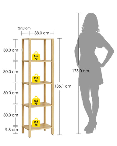 Apetaccat Book Shelf, 5 Tier Tall Bookshelf, Narrow Bookcase with Open Shelves, 38 x 27 x 136CM, Book Shelves for Living Room, Office, Study, Oak