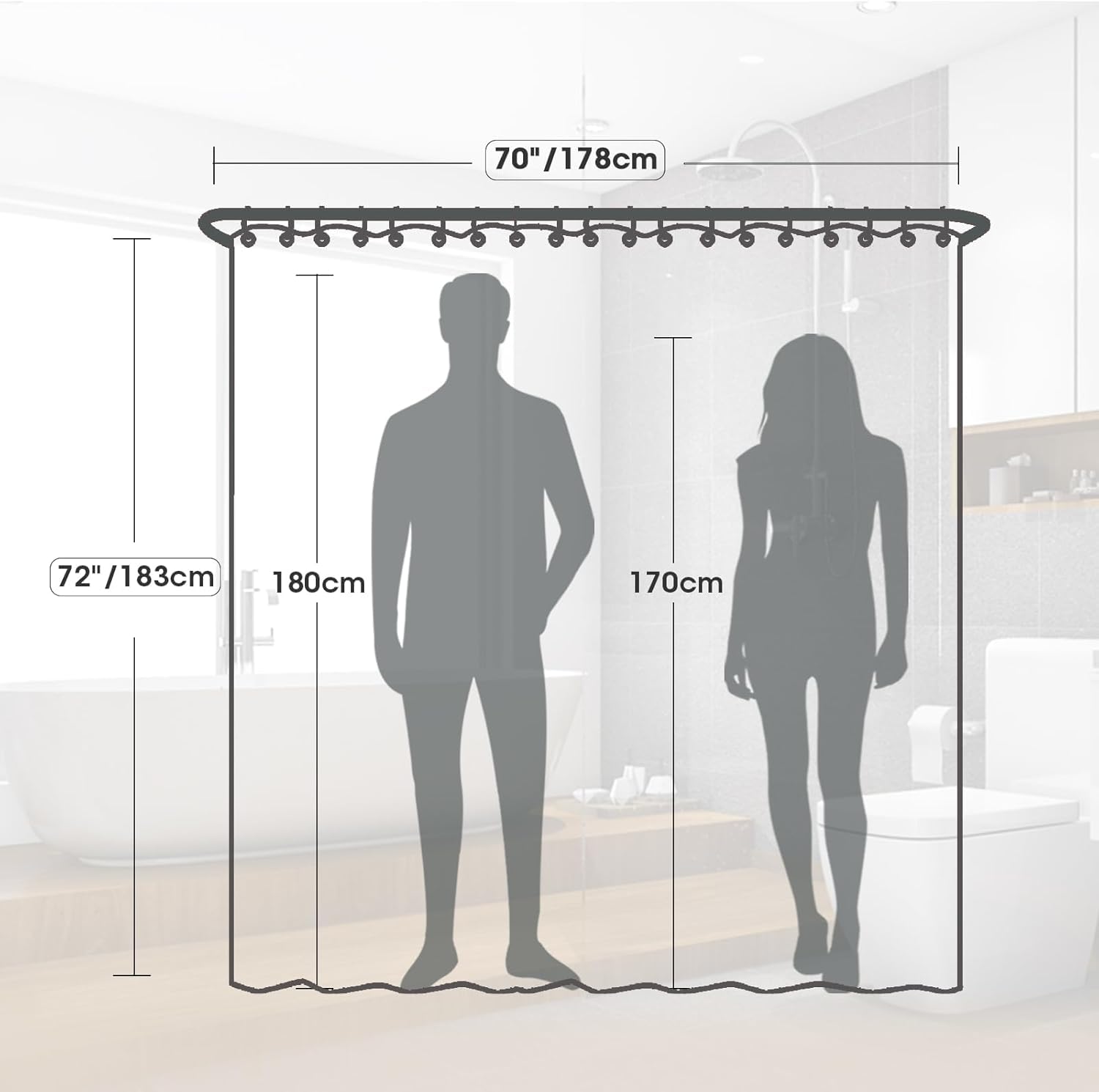 TGYIMENG Shower Curtain for Bathroom - Mould and Mildew Resistant - Grey, 180 x 180 cm (71 x 71 Inch) Water Repellant PEVA Fabric
