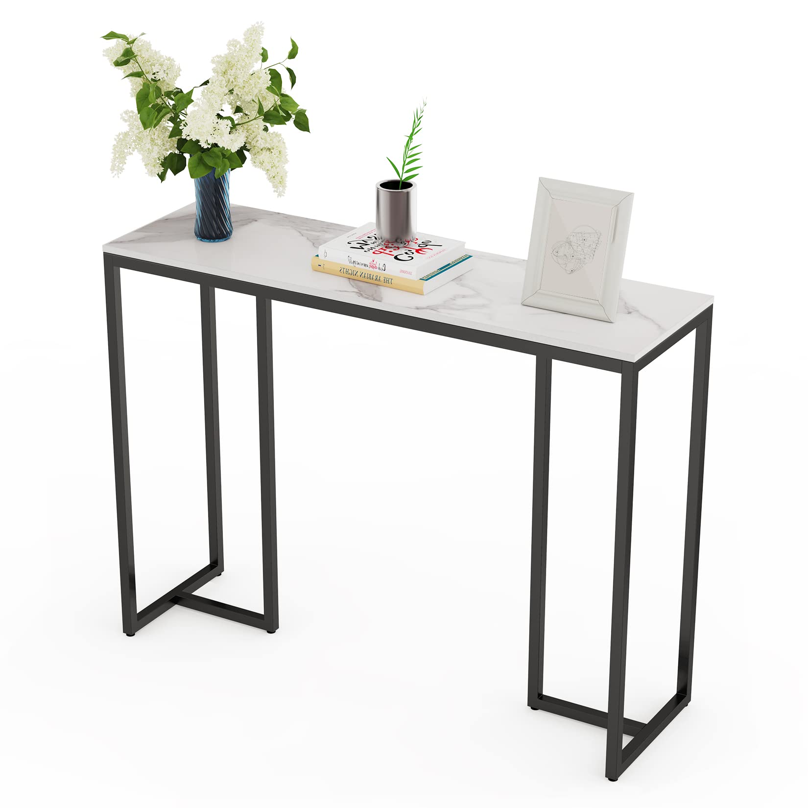 Slim Console Table Hallway Unit: White Marble Top Consoles Desk Long 100cm High Gloss Sintered Stone Marbles Effect and Black Legs Narrow Tall Modern