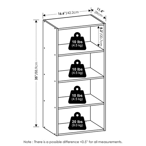 Furinno BASIC Book Shelf, 4-Tier Bookcase with Open Shelf, Bookshelf, Cube Storage Organizer, 11 x 17 x 35, for Living Room, Bedroom, Home Office