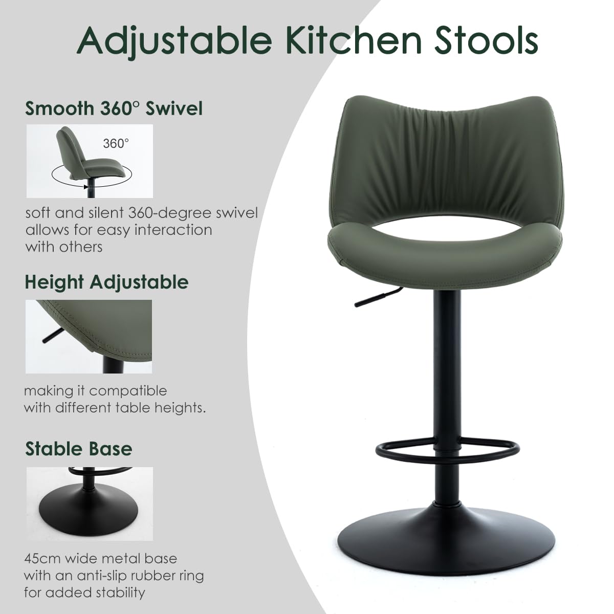 YOUNUOKE Bar Stools Set of 2, Adjustable Breakfast Bar Stools, Green