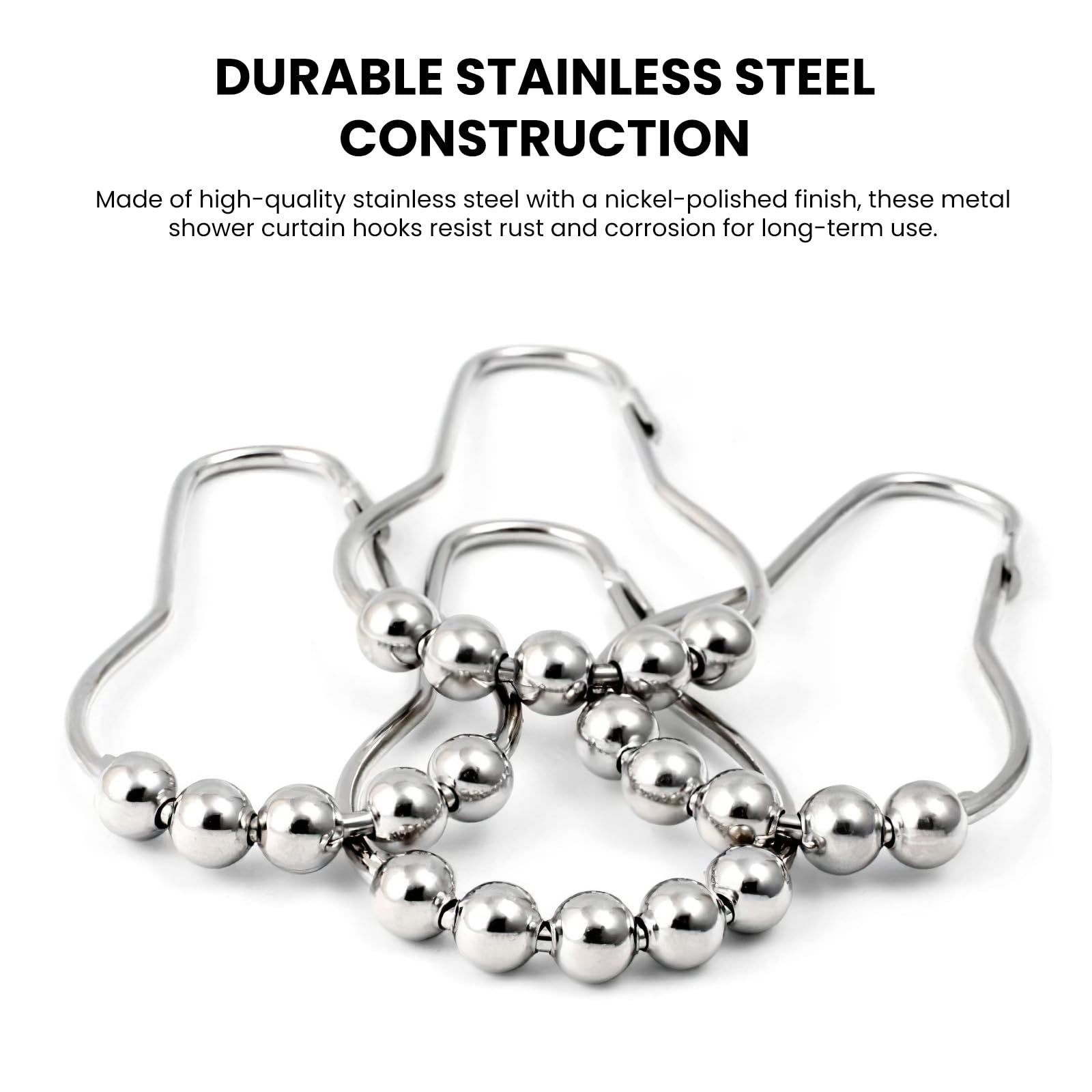 12 PCS Shower Curtain Hooks, Silver Stainless Steel Shower Curtains Rings with Roller Balls, Rust-Resistant, Heavy-Duty Closure