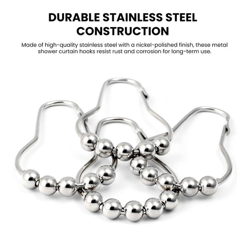 12 PCS Shower Curtain Hooks, Silver Stainless Steel Shower Curtains Rings with Roller Balls, Rust-Resistant, Heavy-Duty Closure
