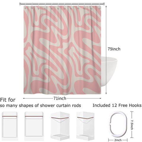 Hnmdmyi Pink Shower Curtain 180x200, Abstract Retro 70s Shower Curtains Modern Aesthetic Wavy Swirl Minimalist Girls Bathroom Curtains Waterproof