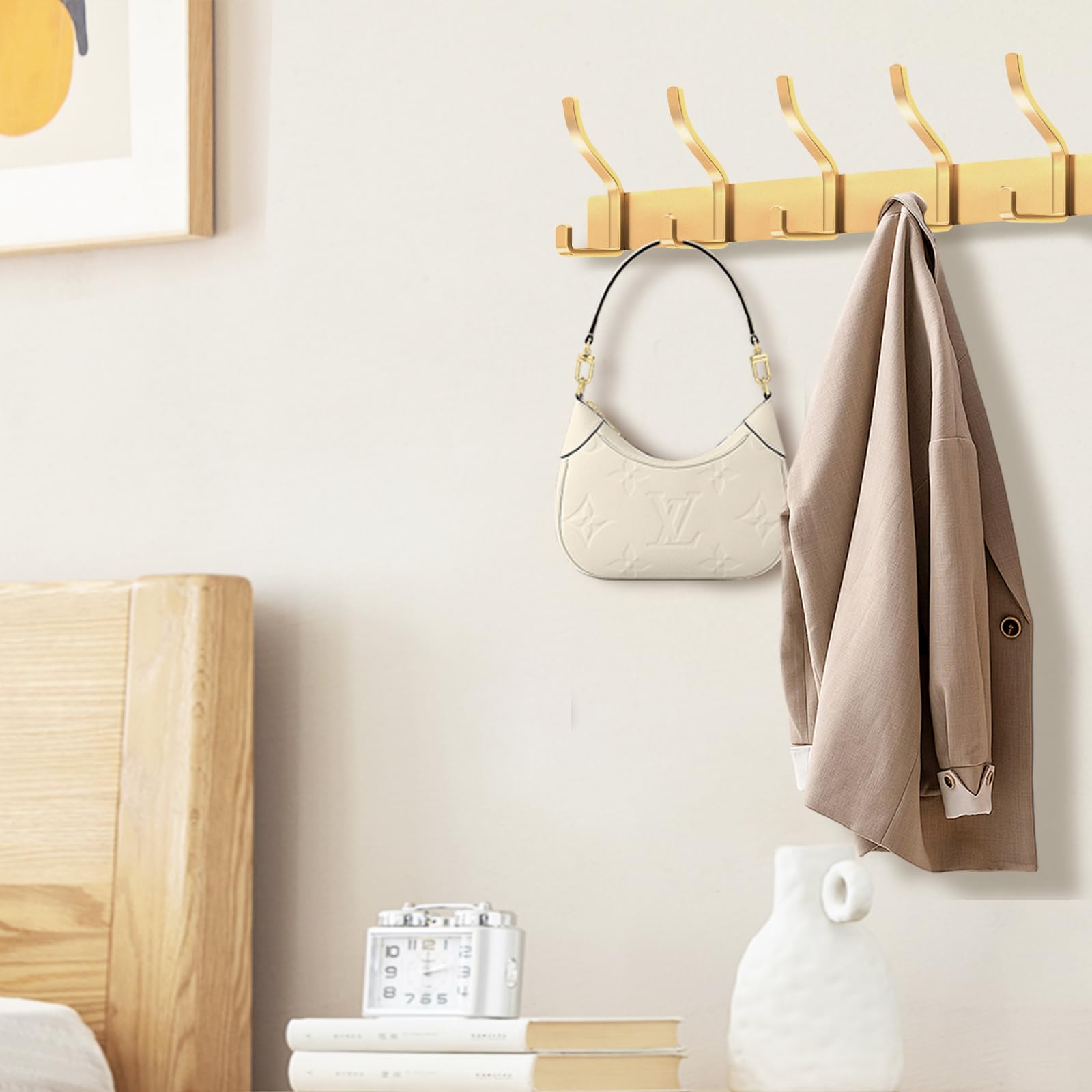 MEIJO Coat Hooks Wall Mounted Stainless Steel, Gold Coat Rack Wall Mounted with 6 Hooks Heavy Duty Coat Hooks for Door, Bathroom, Bedroom, Kitchen