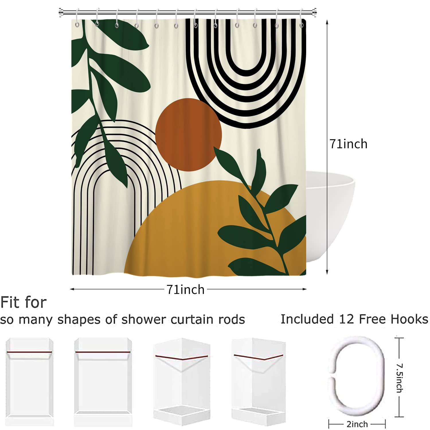 Hnmdmyi Boho Shower Curtain 180x180, Mid Century Abstract Arch Sun Green Leaf Beige Bathroom Curtains Modern Minimalist Aesthetic Art Waterproof