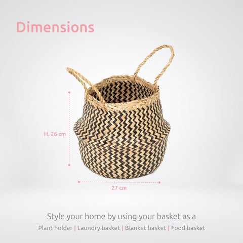 Compactor Belly Basket M - Handwoven Seagrass Storage Basket, Black (27X27X26 cm)