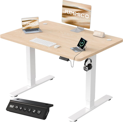 JUMMICO 100x60cm Electric Standing Desk with USB Charging Height Adjustable Desk with Sedentary Reminder Stand Up Desk with Splice Board for Home
