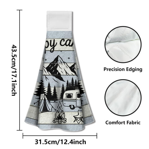 WADORN 2 Pack Camping Kitchen Hanging Towels with Loop, Happy Camper Microfiber Soft Absorbent Dish Hand Tea Towel Decorative Funny Sayings Bonfire