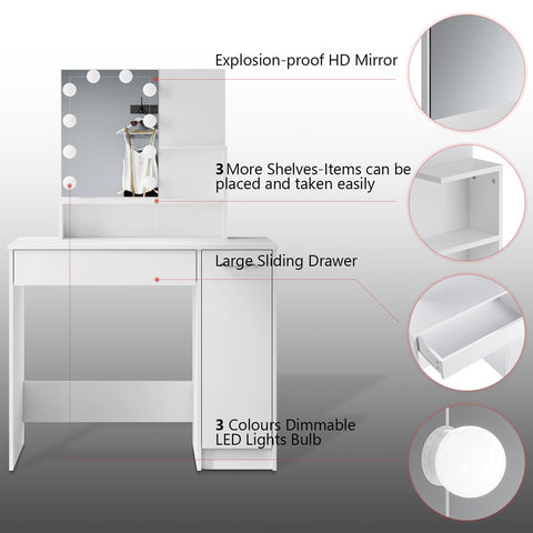 ZANOFIRA Dressing Table with Mirror, 3 Colors LED Lights with Adjustable Brightness