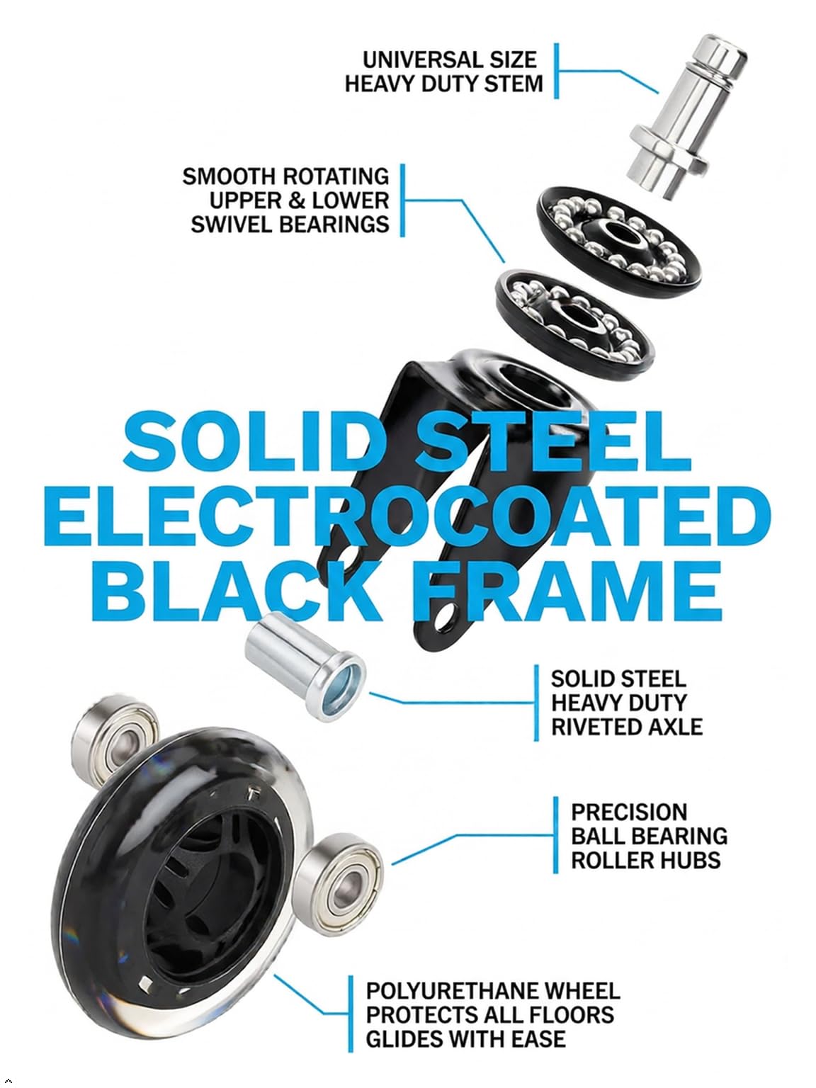 Office Chair Caster Wheels 3" - Heavy Duty Soft PU Rubber Safe for Hardwood Carpet Tile Floors