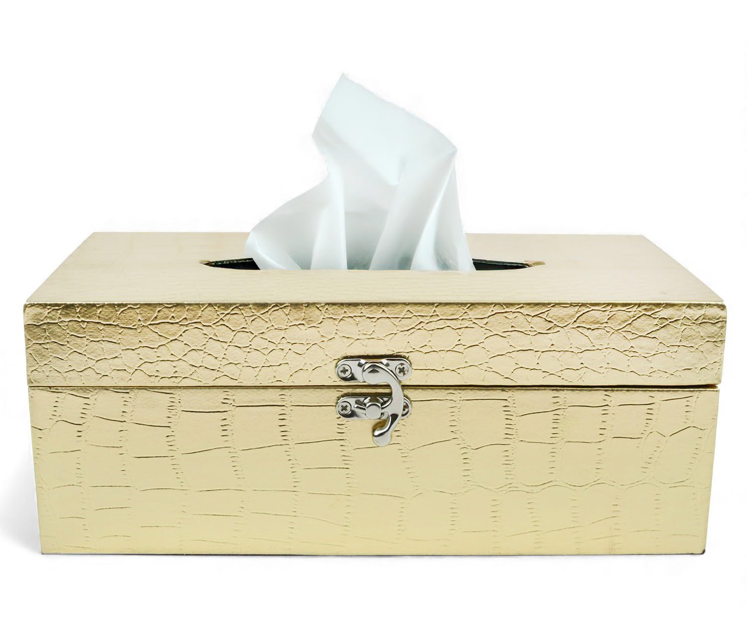 Emartbuy Gold Croc Texture Faux Leather Tissue Holder Metal Clasp Luxury