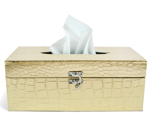 Emartbuy Gold Croc Texture Faux Leather Tissue Holder Metal Clasp Luxury