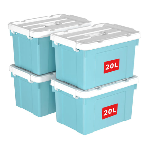 Cetomo 20L*4 Storage Boxes, Carry Plastic Storage Box with Lids, Organizing Container with Handle and Secure Latching Buckles, Stackable, Nestable