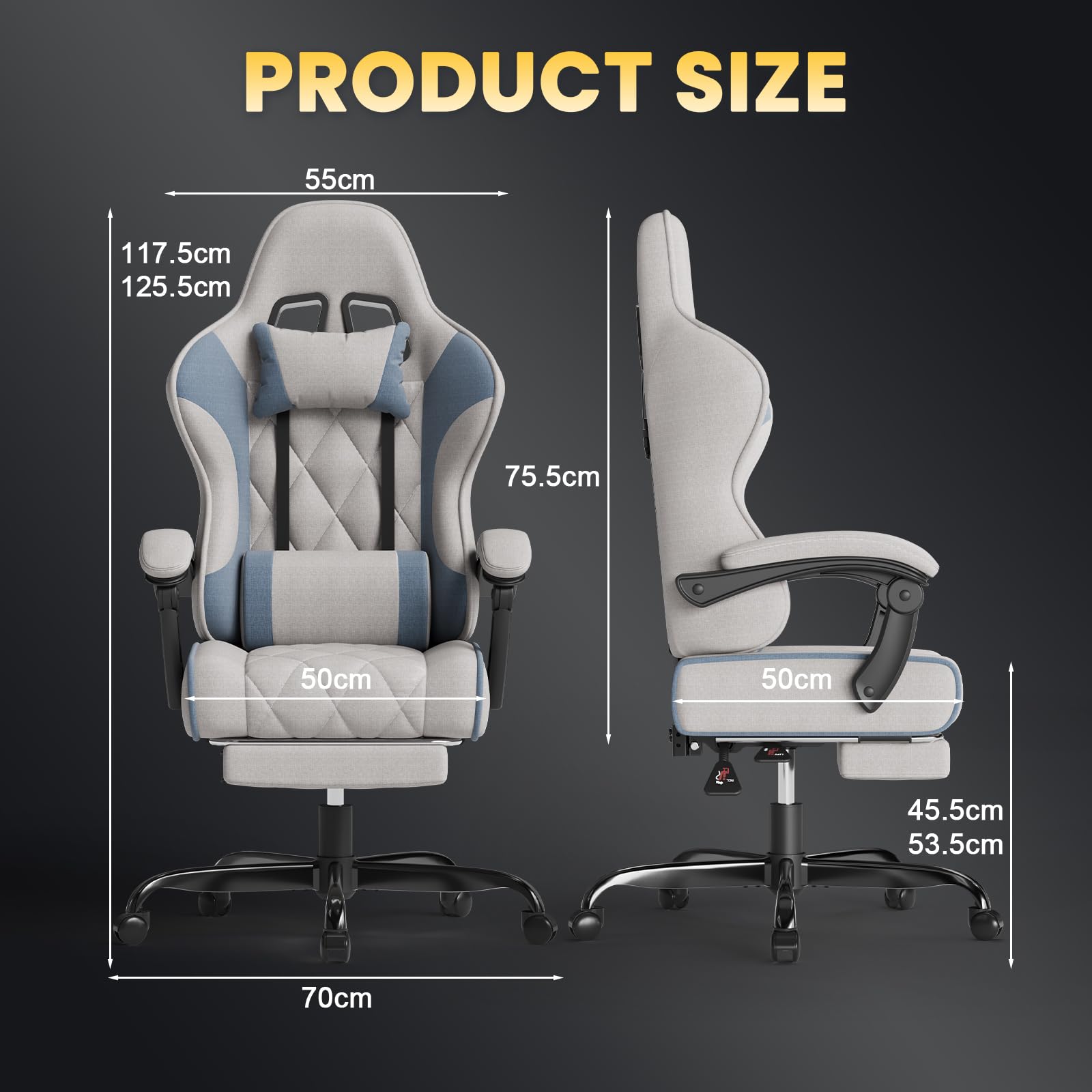 JUMMICO Fabric Gaming Chair with Footrest – Ergonomic Reclining Gamer Chair for Adults with Pocket Spring Cushion, Headrest & Massage Lumbar Support