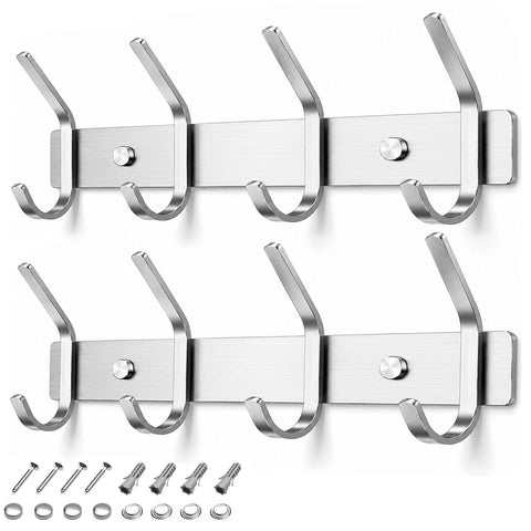 TINIFO Coat Hooks Wall Mounted - Stainless Steel Coat Rack 4 Hook (2 Pack), Silver