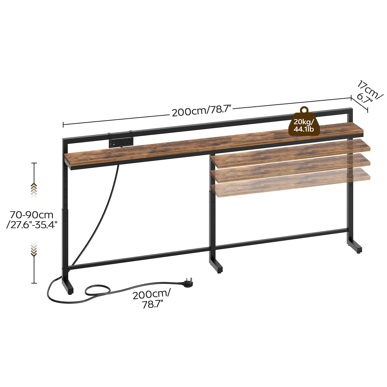YATINEY 200 cm Slim Console Table with Adjustable Height (70 cm-90 cm), Behind Sofa Table Skinny with Outlet, Long Entryway Table